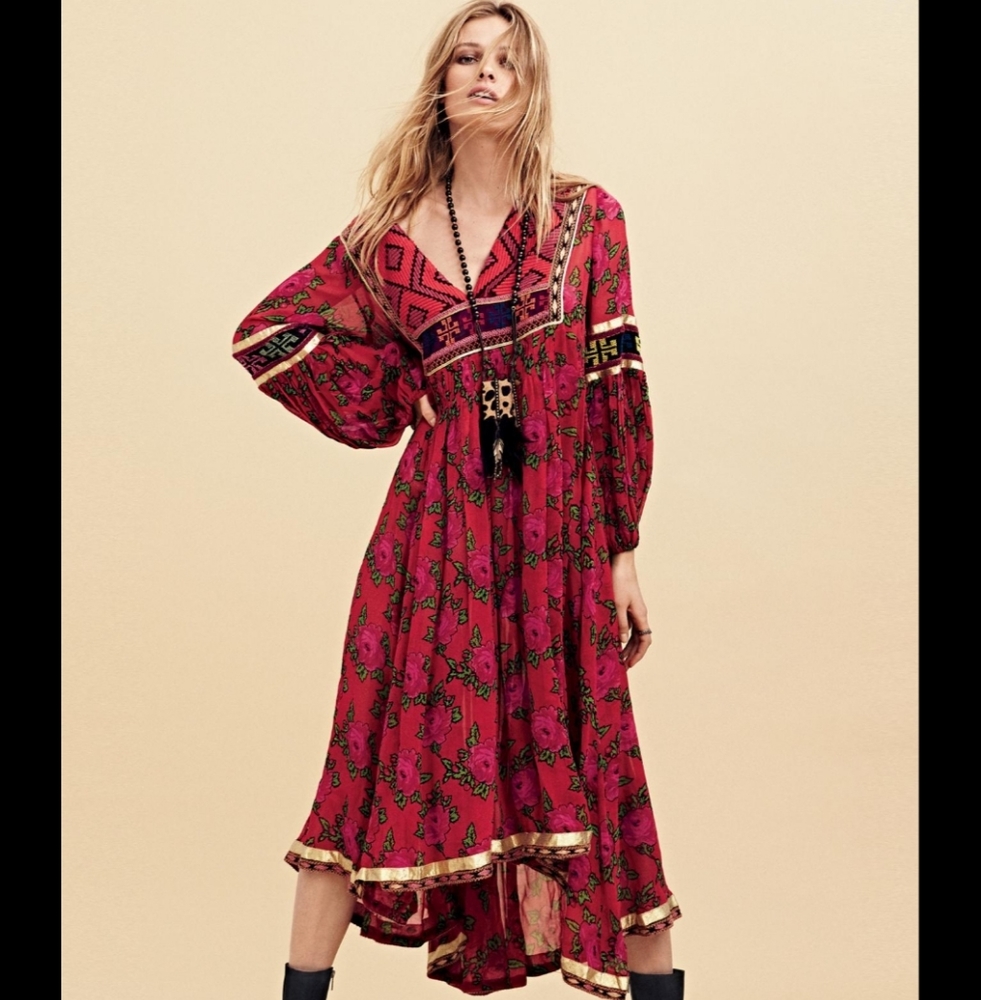 Free People Bold Blooms Embroidered Red Midi Dress